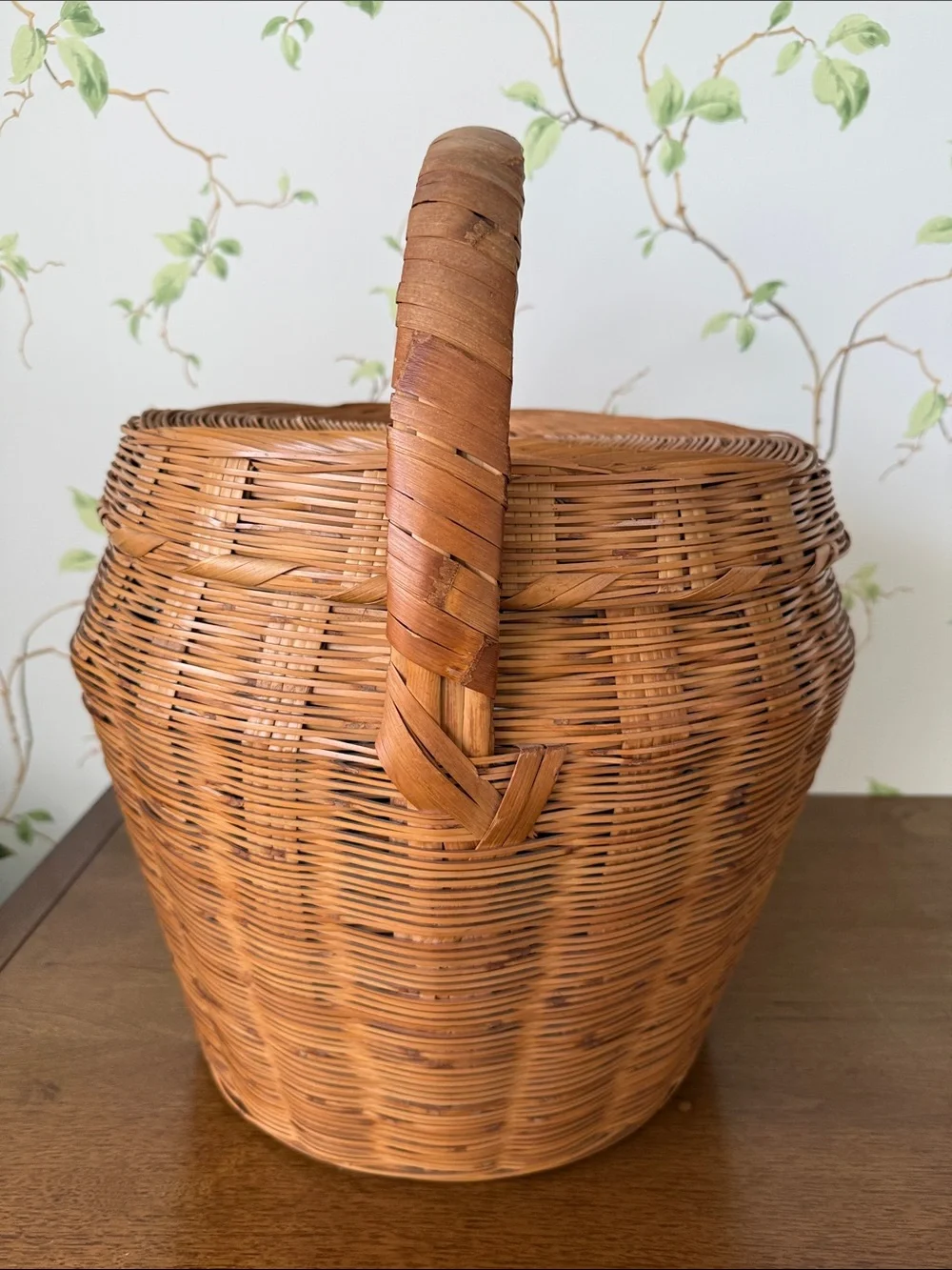 Vintage Hand-Woven Wicker Basket Lid and Sturdy Handle